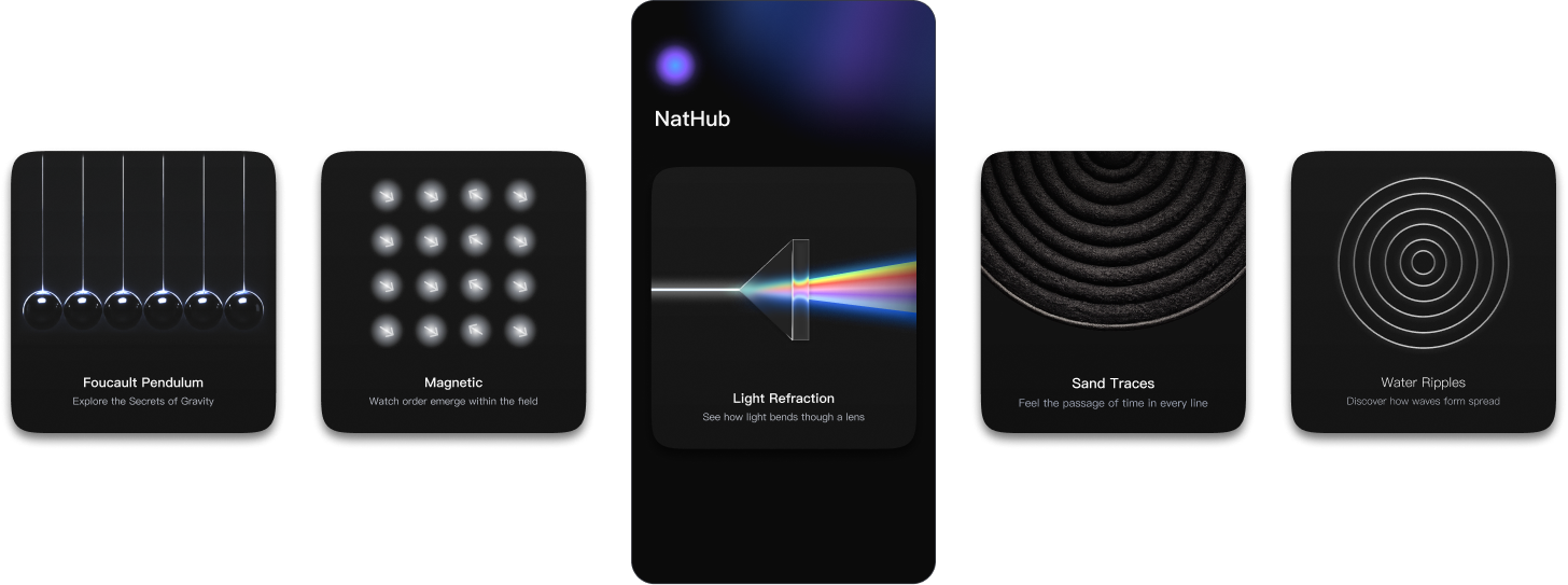 NatHub experiment previews with Foucault Pendulum, Magnetic, Light Refraction, Sand Traces, and Water Ripples cards.