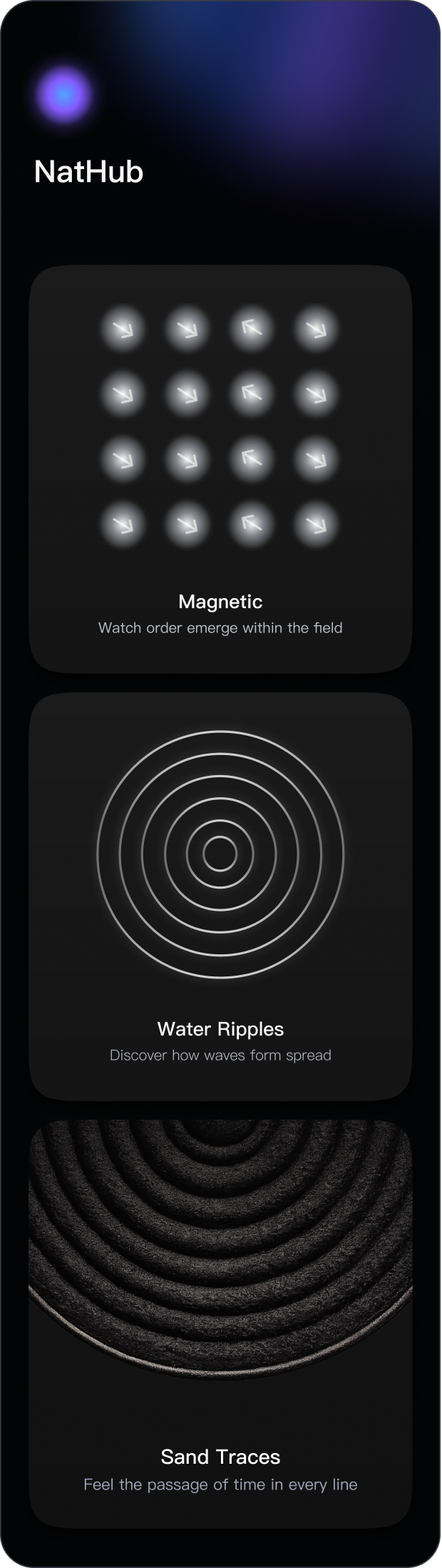 NatHub mobile experiment preview with Magnetic, Water Ripples, and Sand Traces cards.